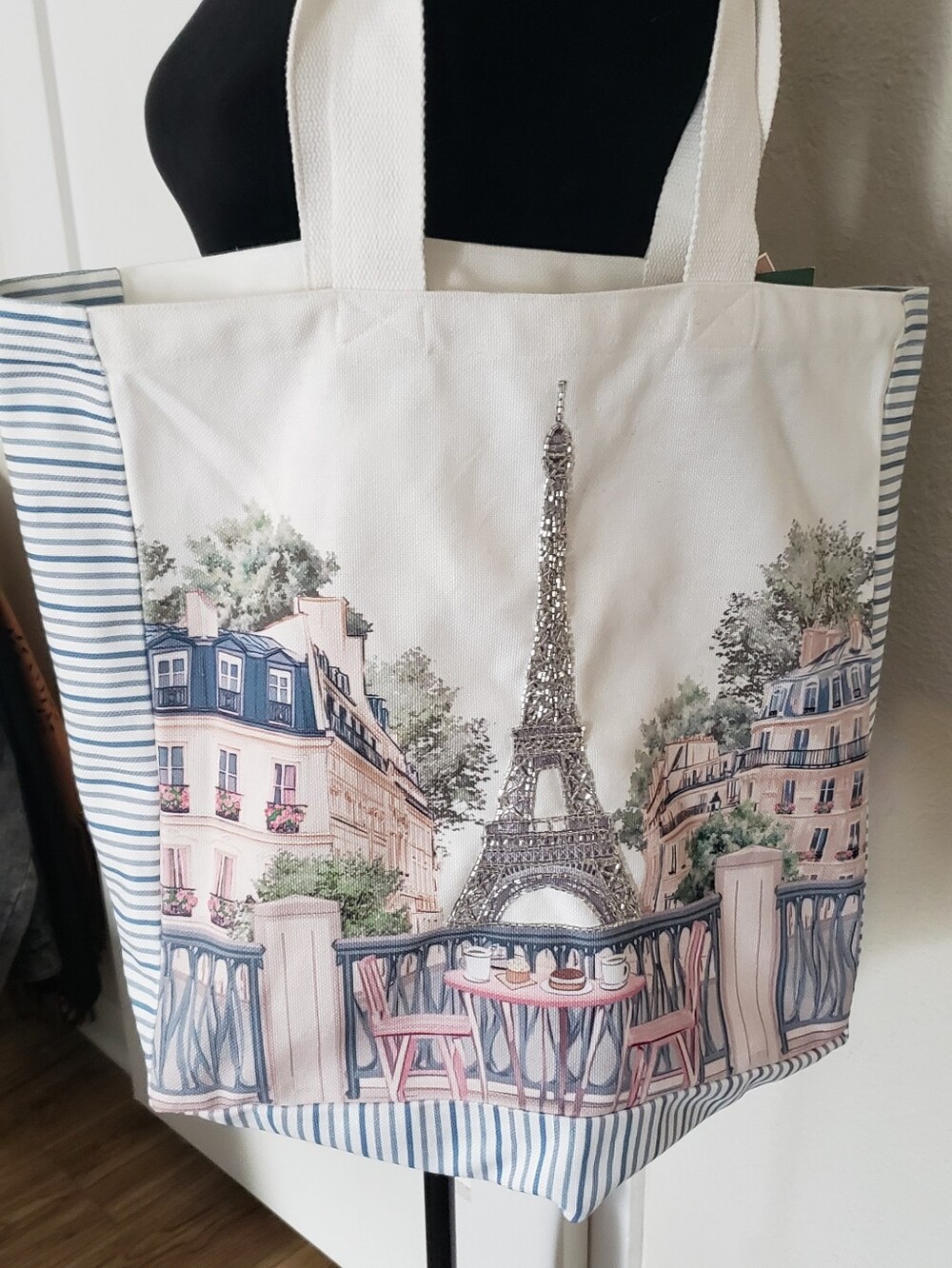 Canvas Paris Eiffel Tower Embellished Tote Bag in White and Blue